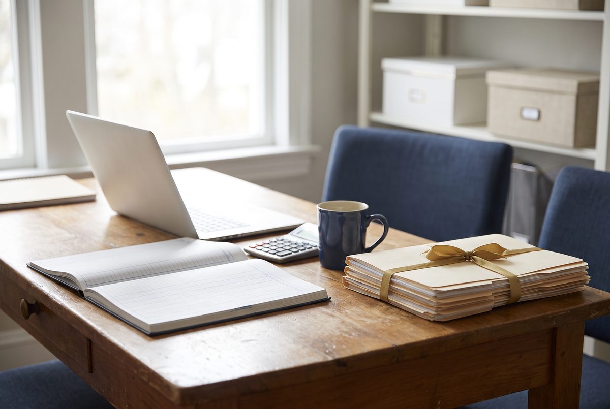 A tidy desk with an open notebook, a laptop, a calculator and a stack of labeled folders in natural morning light.