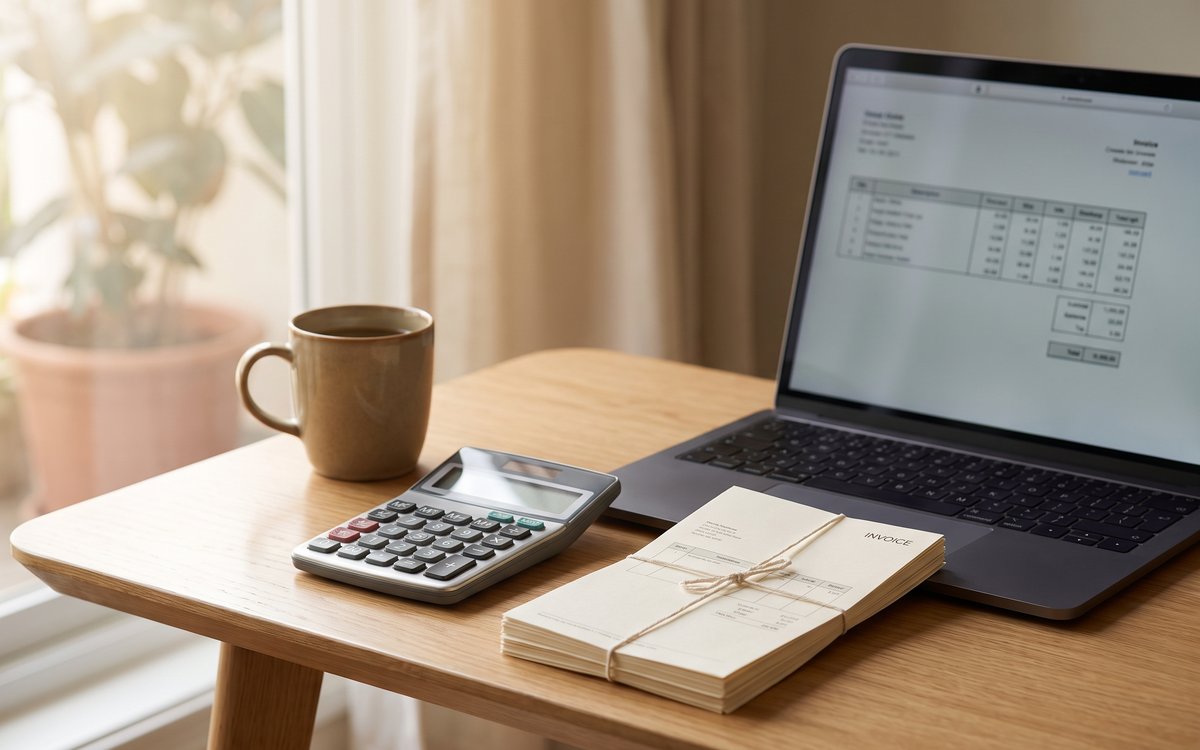 A tidy small business desk in warm natural light with a calculator, a stack of invoices, a coffee mug, and a laptop.