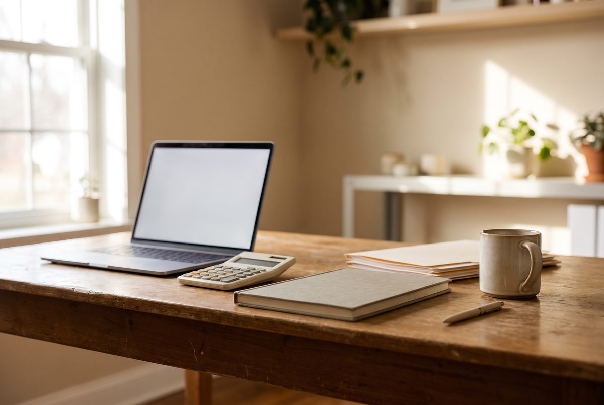 A tidy home office desk with a laptop, a calculator, a coffee mug, and a stack of paper folders in morning daylight.