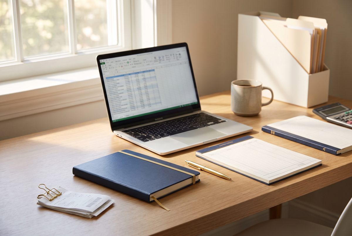 A laptop showing a simple ledger beside a paper notebook and a pen on a plain desk in soft daylight.